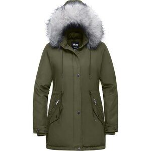 Women's Winter Green Faux Fur Hood Jacket Coat Zip Up Flap Pockets Designed